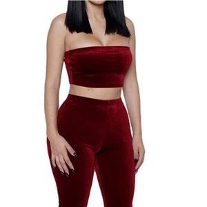 NAKED WARDROBE Burgundy Velvet Legging Tube Top Set S